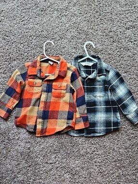 GUC Bundle of 2 Old Navy Plaid Flannel Shirts Orange & Blue Size 18-24 Months